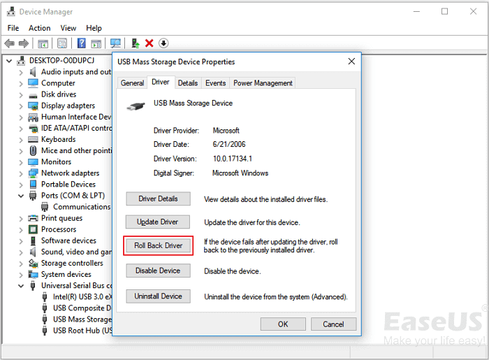 roll back driver to fix usb device not recognized