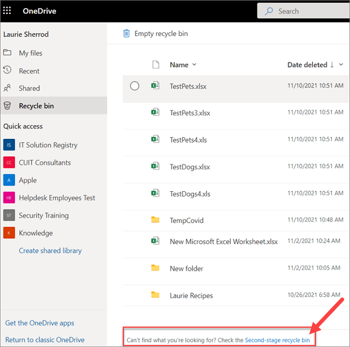 OneDrive second stage recycle bin