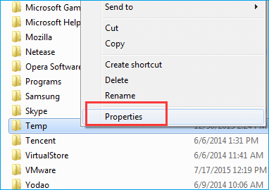 click temp folder and select the properties