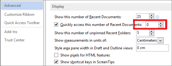 show this number of recent documents in word