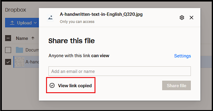 view link copied in dropbox
