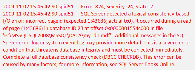 MS SQL database corruption 824 error.