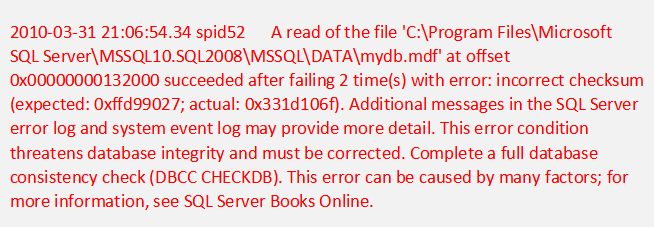 SQL database corruption error 825