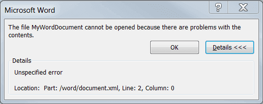 The file cannot be opened because there are problems with the contents