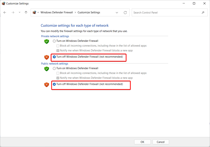 Turning off Windows Defender Firewall