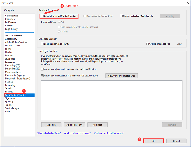 uncheck enable protected mode startup