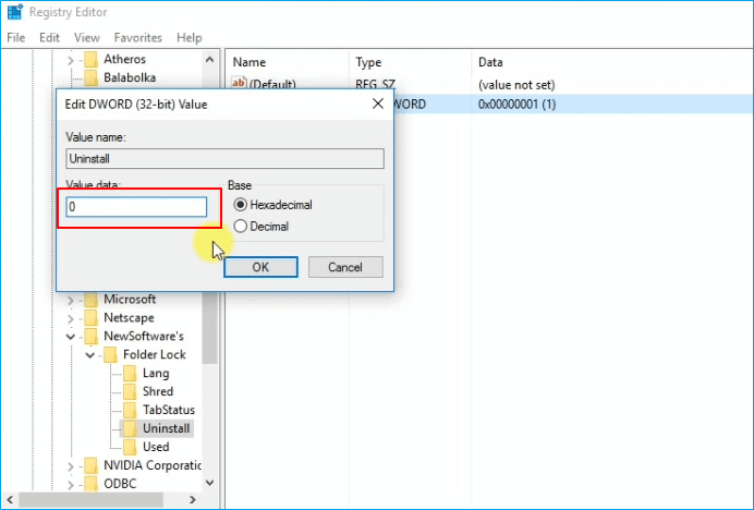 Change folder lock uninstall key from 1 to 0.