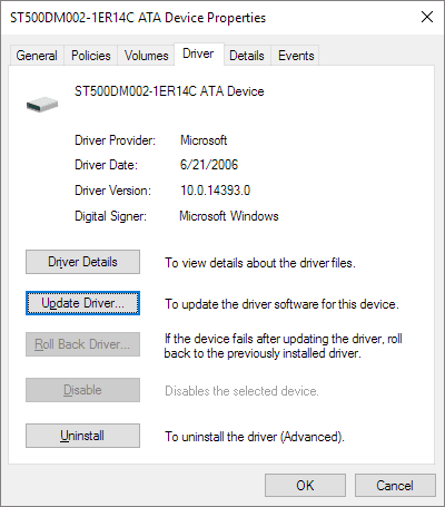 update driver for external hard disk