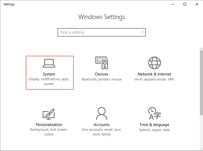 open system in windows 10 settings