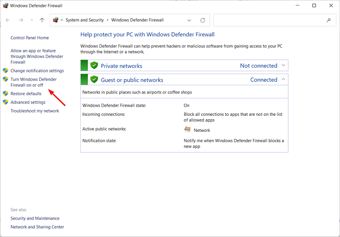 Opening the firewall settings page to turn it off