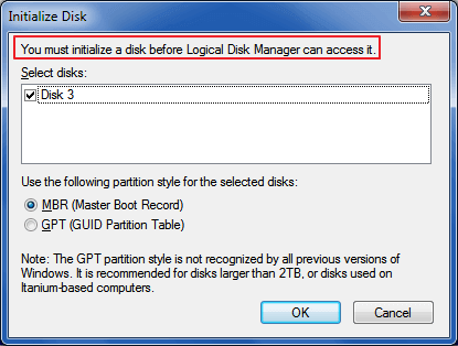 you must initialize a disk before logical disk manager can access it