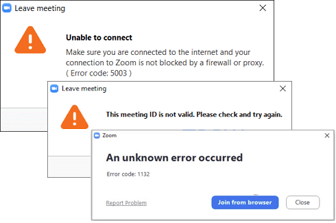 Zoom meeting disappeared error messages